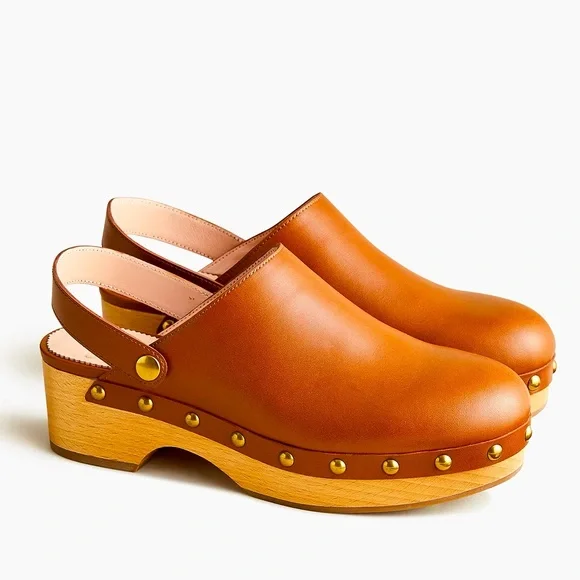 J.Crew brown leather brass stud wood platform slingback clog, size 8.5 - Picture 1 of 13